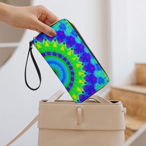 Women's Clutch Wallet with ID Pockets, High Capacity Leather, Perfect for Travel, Indian Spiral Tie Dye Mandala Green 7