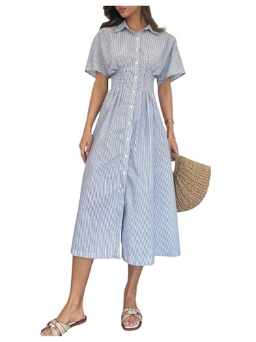 MakeMeChic Women's Summer Striped Button Down Shirt Dress Short Sleeve Midi Dresses Blue and White Small