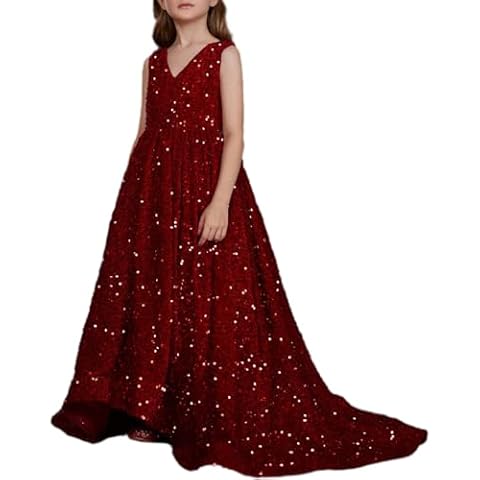 ABAO SISTER Girl's Sleeveless V-Neck Sequin Sparkly Dress with Knot High-Low Hem Ball Gown(Burgundy,12Y) Cover