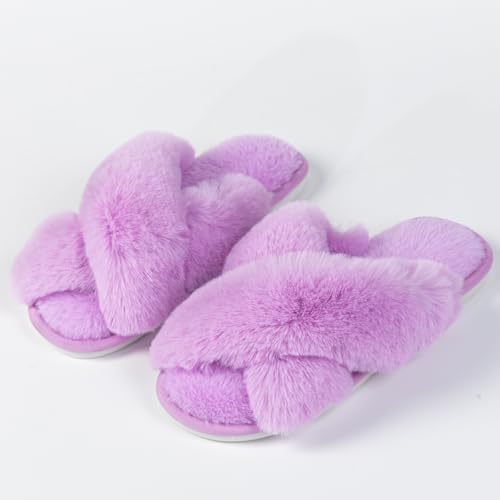Image of Women's Cross Band Fuzzy Slippers Fluffy Open Toe House Slippers