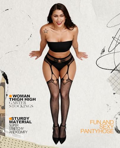 Image of Sesiwadbe Womens Fishnet Patterned Tights High Waist Suspenders Pantyhose Thigh High Stockings