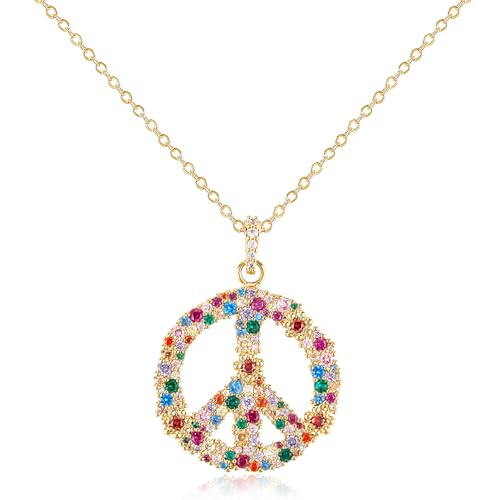 Colorful Peace Sign Pendant Women's 14K Gold Plated Cubic Zirconia love Peace Symbol Heart, Music Note, Adjustable Boho Hippie Necklace Gift