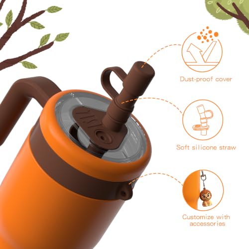 Image of OISIZ 14oz Kids Tumbler with Straw Lid & Handle,Kids Cup with Animal Accessory for School,Kids Water Bottles with Dust-proof Cover,Leakproof Water Bottles,316 Stainless Steel,Keep Cold 24 Hours-orange