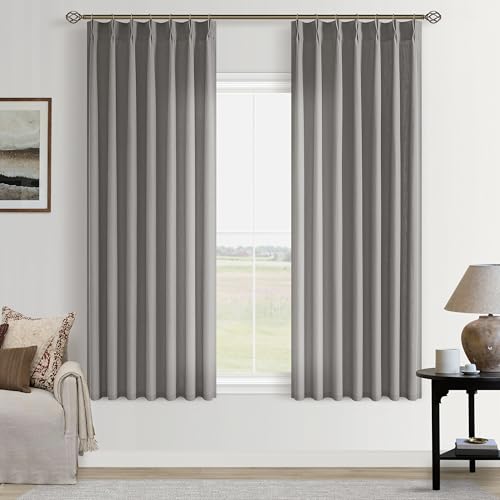 Image of Grey Semi Sheer Linen Pinch Pleat Curtains 63 Inch Long for Bedroom | Gray, 63 inch Length, Light-Filtering Privacy, Bay Window Apartment, Burlap Textured, Hook Rings Memory Shape, Shabby Chic