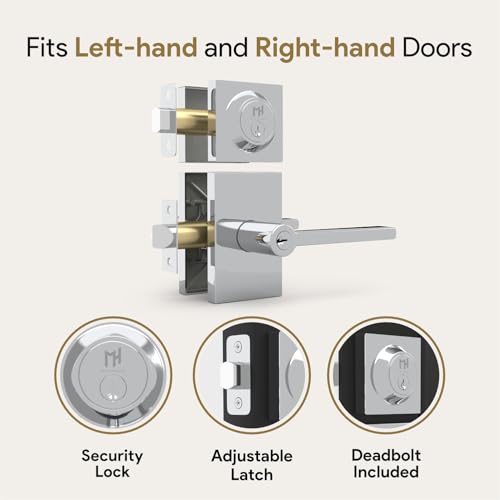 Image of Mega Handles, Glamor Entry Combo, Entry Door Handle and Single Cylinder Deadbolt Lock and Key Combo Pack, Heavy Duty Locking Door Levers for Left or Right-Handed Doors - Polished Chrome