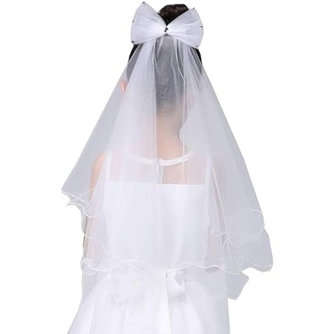 SlenyuBridal Girl's Two Layers First Communion Veils Catholic Head Coverings Church Bow Veil Kids Holy Communion Wedding Party Headpiece Cover