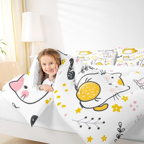 Image of Feelyou Cute Kitten Twin Comforter Set, Kawaii Pet Cats Cartoon Comforter Set for Kids, Girls, Cat Lover's Animal Themed Duvet Set, Microfiber Quilt Set