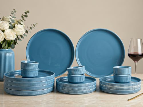 Image of Bodhi House 18 Piece Ribbed Porcelain Dinner Set for 6 with 6 Dinner Plates, 6 Quarter Plates & 6 Katori, Microwave & Dishwasher Safe, Chip Resistant Crockery Set for Home & Gifting, True Blue