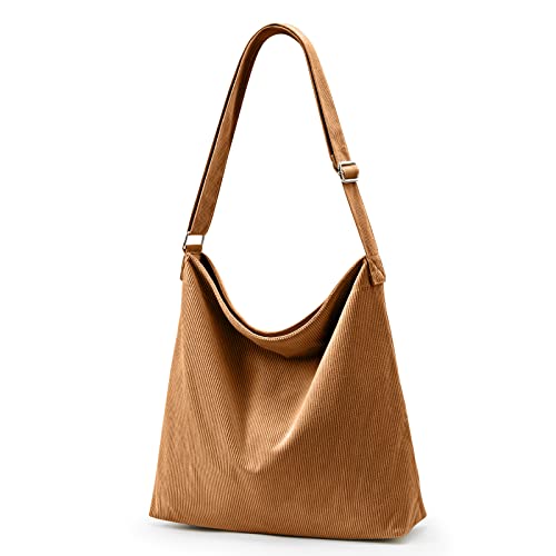 KALIDI Damen Cord-Tragetasche mit Reißverschluss, lässige Handtasche, große Kapazität, Schultertasche mit Taschen, Crossbody-braun, Large Cover