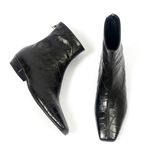 LEMUTISME Women's Stylish Square Toe Matte Leather/Suede/Animal Pattern Comfort Casual Low Flat Heel Dress Chelsea Ankle Booties4