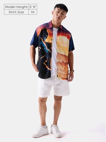 Image of The Souled Store Official DC: Caped Crusader Mens and Boys Relaxed fit Graphic Printed Half Sleeve Rayon Multicolored Holiday Shirts (217670) Holiday Shirts Fashionable Trendy Graphic Prints Pop