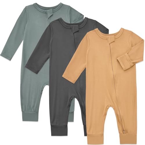 Aablexema Baby Footless Pajamas Bamboo Rayon 3pcs Unisex Infant Zipper Romper with Mitten Cuffs(Dark Grey&Olive&Khaki,12-18m)