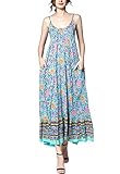 BUENOS NINOS Women's V Neck Floral Maxi Dress Boho Printed Adjustable Spaghetti Strap Ethnic Beach Long Dress with Pockets, Turquoise Dress, Small
