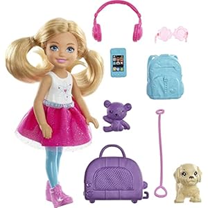 Barbie Dreamhouse Adventures Doll, Blonde Chelsea Doll with Pink Skirt, Toy Puppy, Backpack, Travel Set and Doll Accessories, Toys for Ages 3 and Up, One Barbie Doll, FWV20