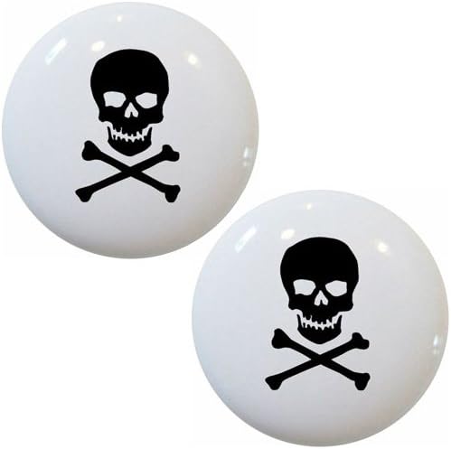 Set of 2 Black Skull & Crossbones Ceramic Cabinet Drawer Knobs