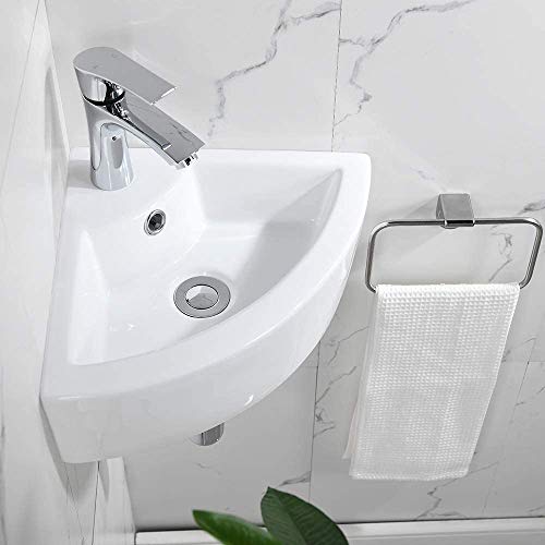 Bokaiya Small Wall Mount Corner Bathroom Sink and Faucet Combo with Overflow Triangle White Porcelain Ceramic Wall Mount Mini Vanity Space Bathroom sink, Brushed Nickel Faucet and Drain Combo - Thumbnail 6