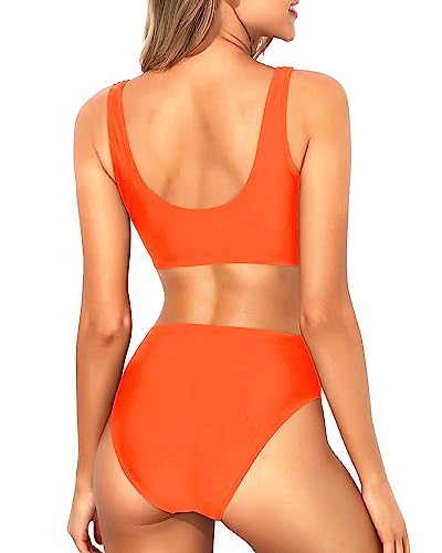 Image of Tempt Me Women Two Piece Scoop Neck Bikini Crop Top High Cut Swimsuit Sporty High Waisted Bathing Suit with Bottoms