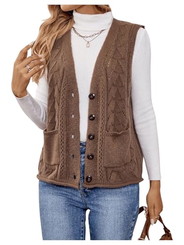 Verdusa Women's Sweater Vest Tops For Women Trendy Sleeveless Button Down Cardigan Outwear Brown Medium