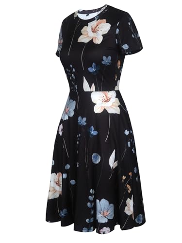 Image of oxiuly Women Casual Dress Round Neck Soft Cotton Floral A-Line Midi Summer Dresses with Pockets OX262