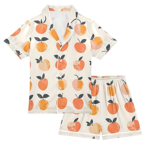 Peach Watercolor Pattern Summer Satin Pajama Set, Cute Button-Down Sleepwear Pj Set for Sleep Wears