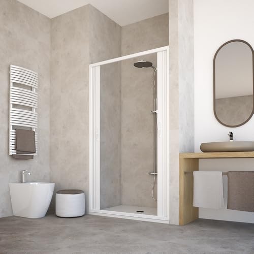Box doccia 110 cm modello Giada estendibile in PVC doppia anta con pannelli semitrasparenti apertura centrale a soffietto colore bianco