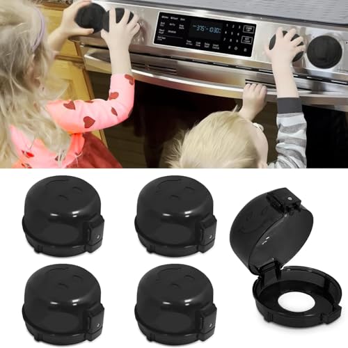 Oven Knob Covers for Child Safety 5 Pack, Black Stove Knob Safety Covers & Gas Stove Locks, Heat-Resistant Adhesive, Double-Key Baby Proof Covers for Gas/Electric Burners,Childproof Protector for Kids
