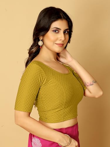 Image of Amazon Brand - Anarva Round Neck Dobby Cotton Lycra Stretchable Elbow Half Sleeve Readymade Saree Blouse for Women Stylish