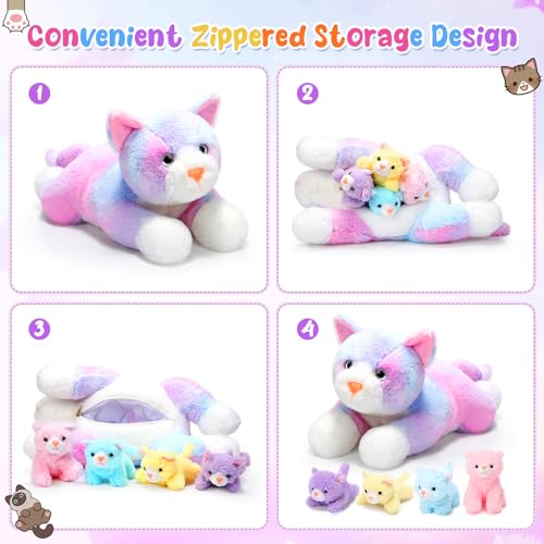Image of Skylety 5 Pieces Cat Stuffed Animal with Babies Inside Belly Plush Cat Pregnant Mommy Kitty with 4 Cute Fluffy Stuffed Kittens Christmas Birthday Surprise Gifts(Colorful)