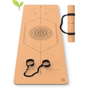 Natural Cork Yoga Mat 5.5mm thick Nonslip Hot Yoga Pilates with Carrying Strap and Lightweight – for hot Yoga and Outdoor or Indoor Yoga – brown chakra wheel design with alignment marks arc lines