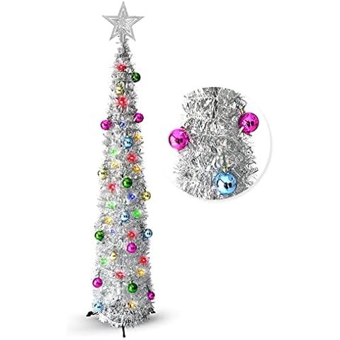 Peyan 5 Ft Tinsel Christmas Tree with Lights and Star Topper,Pop up Collapsible Sequin Xmas Tree with Xmas Ornaments and Stand,Battery Operated Timer Artificial Pencil Tree,Holiday Xmas Decoration Cover