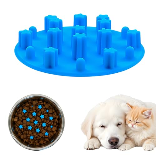 Slow Feeder Insert for Cat Dog Bowls, Anti-Choking Silicone with Strong Suction Cups, Fits Most Cat Bowls, Ideal for Puppy Small Medium Breeds (Blue)