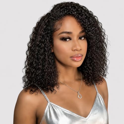 Tunfine Curly Half Wig Human Hair Water Wave 200 Density 3 In 1 Seamless Flip Over Half Wigs Glueless Drawstring Human Hair Wig with Invisible Hairline Clip In Curly Headband Wigs for Women 14 Inch