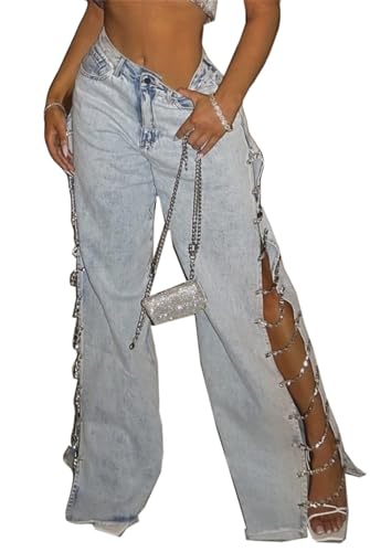 Women's Ripped Distressed Destroyed Rhinestones Chain Bodycon Split Leg Sexy Nightclub Party Denim Pants Jeans