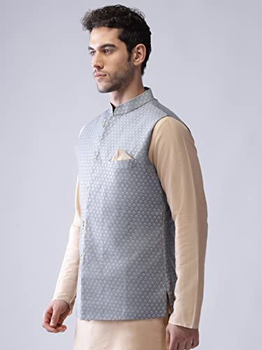 Image of KISAH Men's Cream Jacquard Silk Blend Nehru Jacket- Traditional Indian Waistcoat for Weddings & Royal Parties
