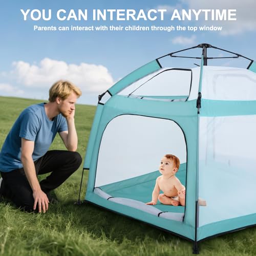 Image of Bend River Baby Playpen with Canopy, Square Toddler Beach Tent (Green) | Portable Infant Play Yard, Mosquito Net, Indoor and Outdoor, Instant Installation, Pop Up, Travel Bag