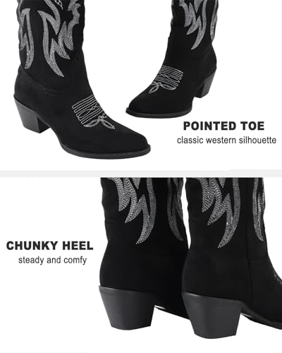 Image of LingxiaUne Cowboy Boots for Women Floral Cowgirl Boots with Pointed Toe and Chunky Heel Mid Calf Western Boot for Concert Festival Country Night Party