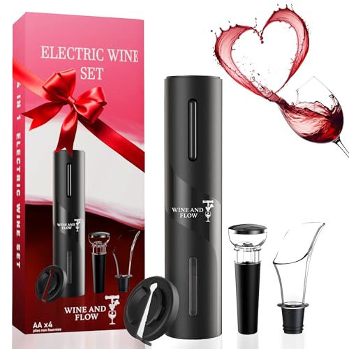 Tire bouchon electrique 4 en 1 à piles Wine and Flow – Idee cadeau premium amateur ou professionnel du vin – Coffret cadeau Saint Valentin Ouvre Bouteille Electrique - Accessoire vin et tire bouchon