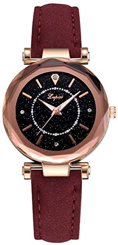 Damen Armbanduhr Quarzuhr Sternenhimmel Uhr mit rundem Zifferblatt eingefasst Strass mit PU-Armband für Elegante Frauen, Rot
