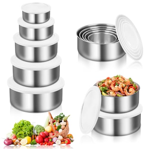 Cuencos para Mezclar Inoxidable, 5 Piezas Boles de Acero Inoxidable con Tapas, Mixing Bowl Set Apilable 0.28L / 0.45L / 0.73L / 1.08L / 1.58L aptos para lavavajillas, para un fácil almacenamiento