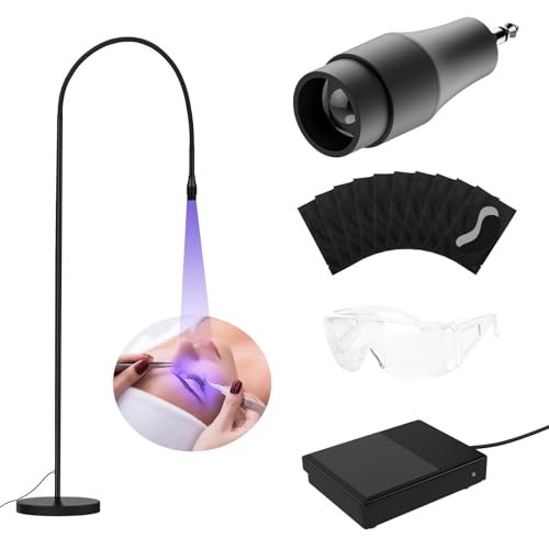 Lmaqfum UV Lash Light for Eyelash Extensions- Curing UV Eyelash Glue, 5W UV Lash Nail Tech Glue Lamp with Foot Pedal Control, Glue Cured in 2-3 Seconds, 10 Eye Patch+Goggles, Adjustable Spot Size