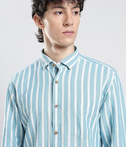 Image of TURMS Men's Casual Striped Linen Shirt | Water Repellent | Anti Stain Anti Odor | Kansas Linen | Concealed Button Down Collar | Full Sleeves