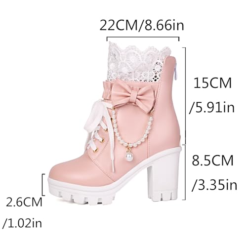 BEAUPAS Women's Platform Ankle Boots with Lace Pearl Chain Bow Chunky High Heel Goth Combat Boots2