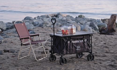 Whitsunday Folding Collapsible Utility Wagon, 400Lbs Heavy Duty Outdoor Park Beach Wagon with Table and Side Pocket for Garden Camping Sports Shopping Grey