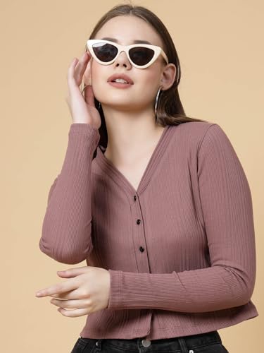 Image of Rigo Casual Wear V Neck Rib Knit Top for Women | Slim Fit Long Sleeves Western Tops for Women