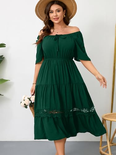 Image of RWJ Women's Plus Size Maxi Dress Short Sleeve Square Neck Flowy A-Line Lace Trim Flutter Party Casual Off Shoulder Dresses