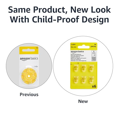 Image of Amazon Basics 60-Pack Size 10 Hearing Aid Batteries, Zinc-Air Technology, 1.45 Volt, Yellow Tab, 4-Year Shelf Life, Mercury-Free, Child-Safe Package (Use Scissors to Open)