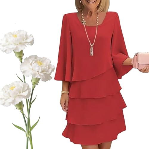 Vestido Elegante de Mujer con Mangas de Volantes en Capas, Vestido Elegante y vaporoso de Gasa con Mangas 3/4, un Estilo Sencillo para Cualquier ocasión (Red,L)
