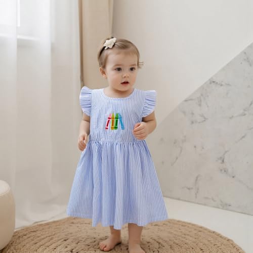 Girls Fly Sleeve Crew Neck Stripes Embroidery Casual Summer Dress4