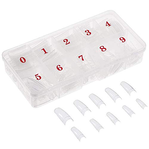 500 Piezas de Uñas Falsa Artificial Acrílico Transparente,10 Tamaños Cubierta Completa Puntas Art Nails con Caja,Uñas Francesas Uñas Falsas para Mujeres Niñas Cover