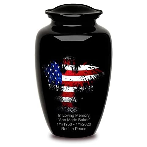 Forever URNS Adult Cremation Funeral Customized Urn with Printed American Flag On Eagle for Human Ashes of Female & Male | 320 cu in | XL | Black | Completely Handcrafted with Velvet Protection Bag Cover